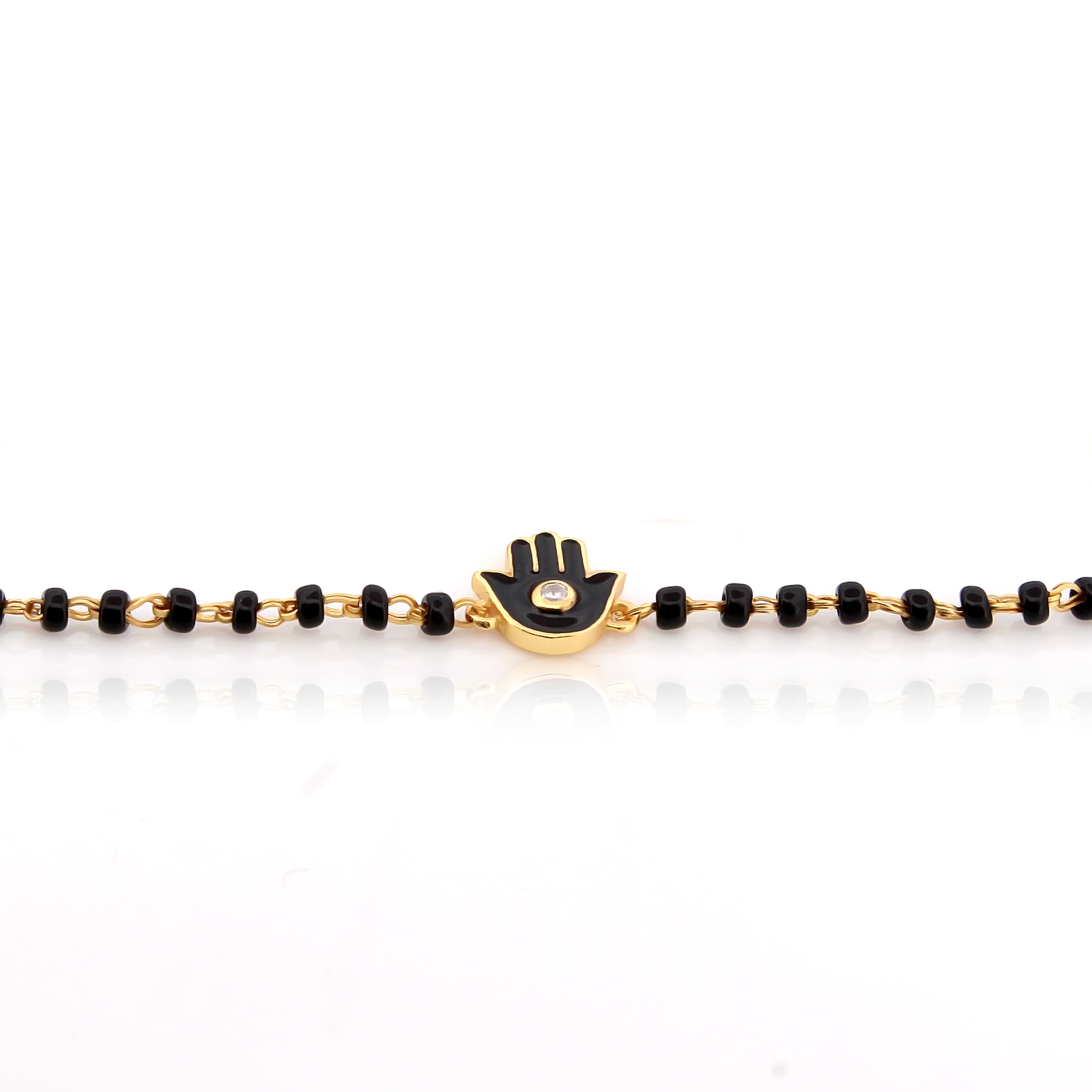Black Enamel Evil Eye Buddha Hand black beads Bracelet – 18KT Gold Plated | 925 Sterling Silver | Strength, Elegance & Protection